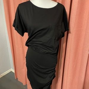 Black Ruched T-Shirt Dress with Crew Neck